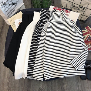 T-shirts Women Long Sleeve Loose Striped Solid Turtleneck Womens T-shirt All-match Simple Leisure Korean Style Trendy Chic Soft - A Woman Knows Best