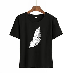 2021 Women casual Harajuku fashion t-shirt feather print loose o-neck short sleeve elastic stretched summer home new Tee Shirt - A Woman Knows Best