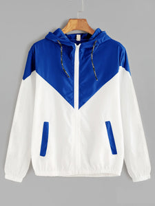 Contrast Drawstring Hooded Zip Up Jacket - A Woman Knows Best