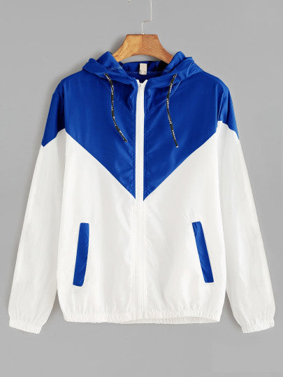 Contrast Drawstring Hooded Zip Up Jacket - A Woman Knows Best
