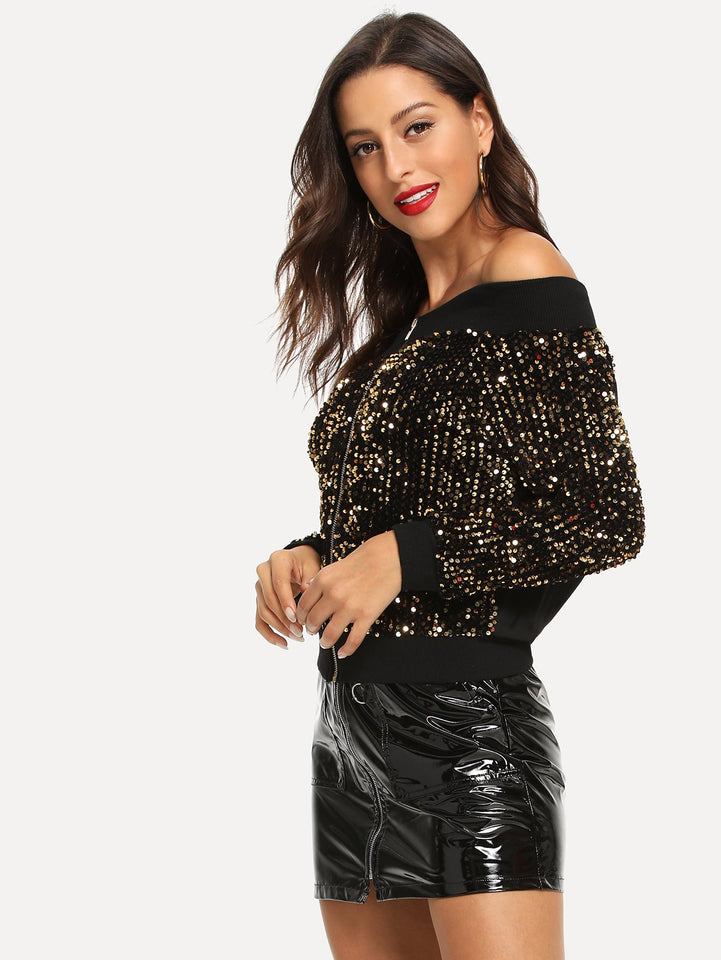 Off Shoulder Contrast Sequin Jacket - A Woman Knows Best