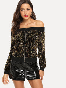 Off Shoulder Contrast Sequin Jacket - A Woman Knows Best