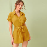 Roll Up Sleeve Blouse With Belt Paper Bag Shorts - A Woman Knows Best