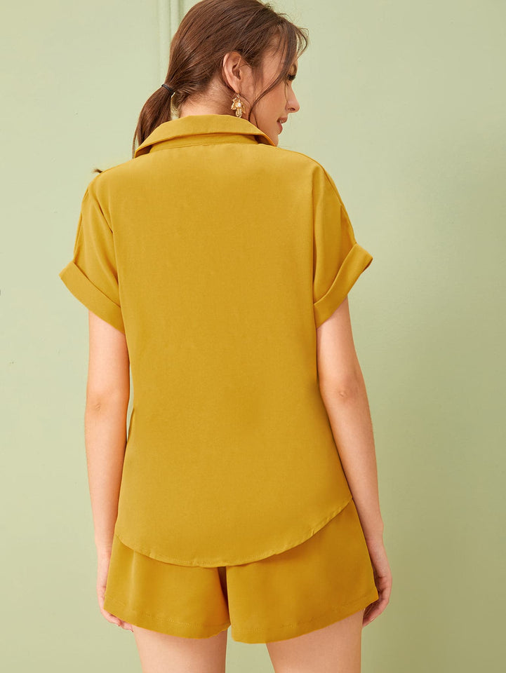 Roll Up Sleeve Blouse With Belt Paper Bag Shorts - A Woman Knows Best