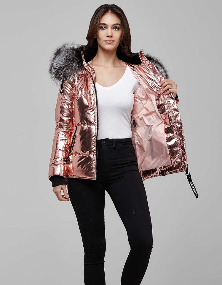 Pink Fur Trimmed Metallic Parka For Women - A Woman Knows Best