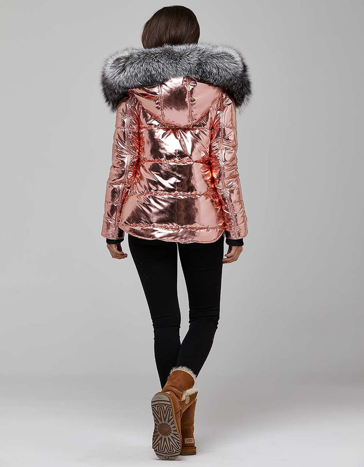 Pink Fur Trimmed Metallic Parka For Women - A Woman Knows Best