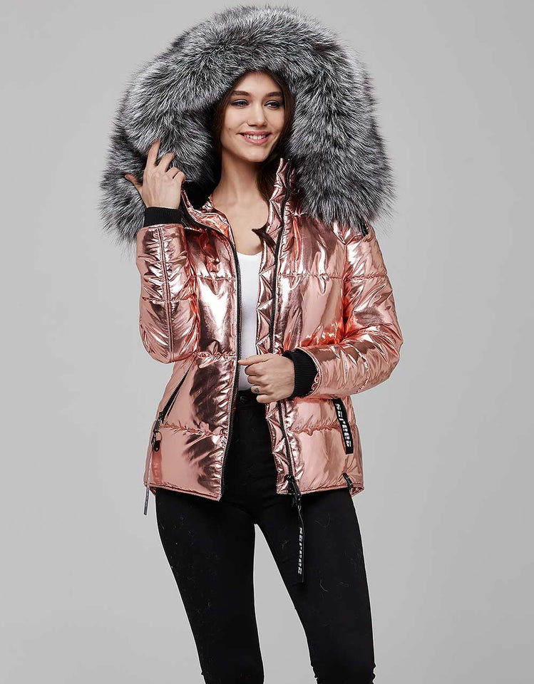 Pink Fur Trimmed Metallic Parka For Women - A Woman Knows Best