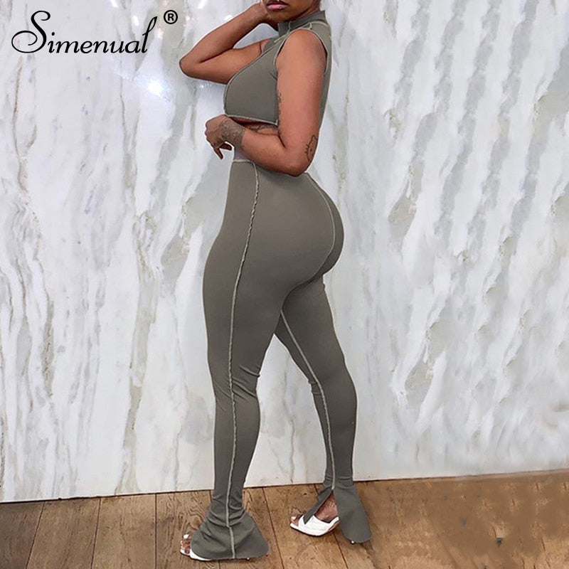 Simenual Casual Sporty Active Wear Matching Set Women Sleeveless Workout Bodycon 2 Piece Outfits Skinny Crop Top and Pants Sets - A Woman Knows Best