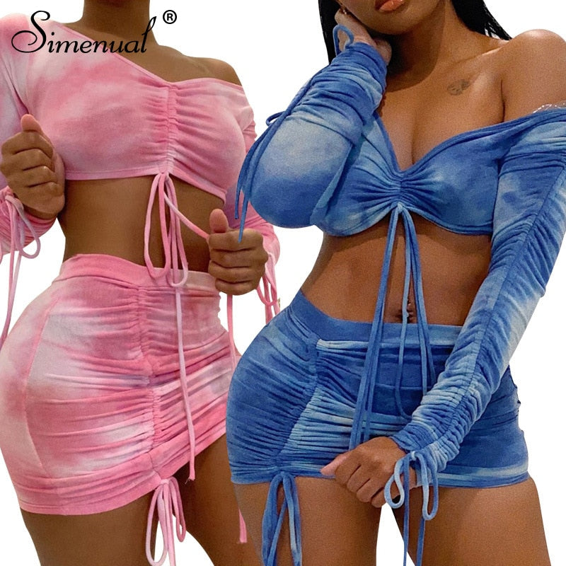 Simenual Tie Dye Print Drawstring Sexy Co-ord Sets Women Long Sleeve Ruched Sexy 2 Piece Outfits Club Bodycon Top And Skirt Set - A Woman Knows Best