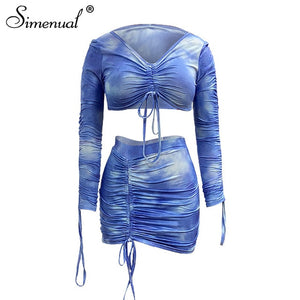 Simenual Tie Dye Print Drawstring Sexy Co-ord Sets Women Long Sleeve Ruched Sexy 2 Piece Outfits Club Bodycon Top And Skirt Set - A Woman Knows Best