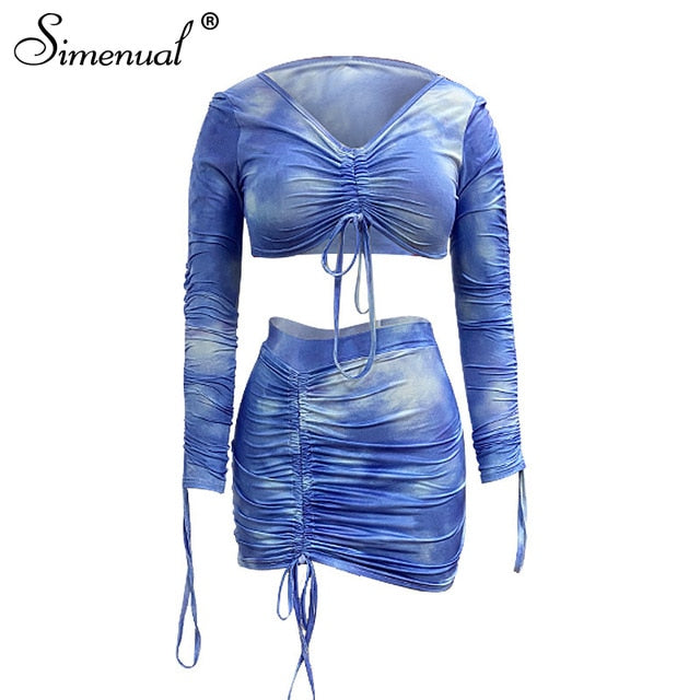 Simenual Tie Dye Print Drawstring Sexy Co-ord Sets Women Long Sleeve Ruched Sexy 2 Piece Outfits Club Bodycon Top And Skirt Set - A Woman Knows Best