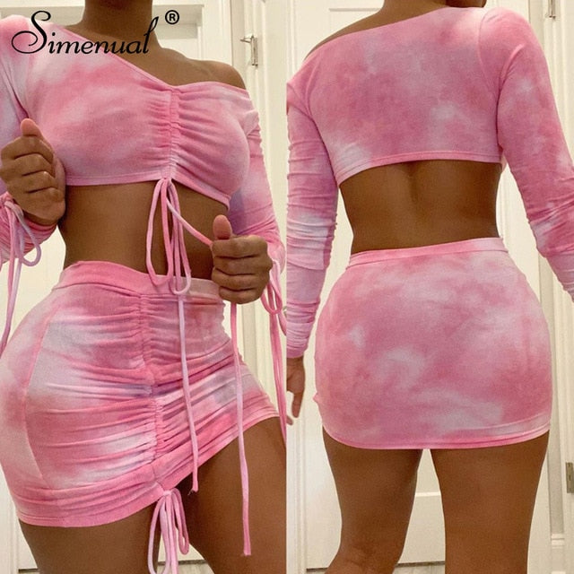 Simenual Tie Dye Print Drawstring Sexy Co-ord Sets Women Long Sleeve Ruched Sexy 2 Piece Outfits Club Bodycon Top And Skirt Set - A Woman Knows Best