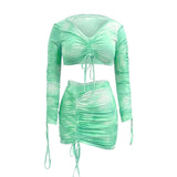 Simenual Tie Dye Print Drawstring Sexy Co-ord Sets Women Long Sleeve Ruched Sexy 2 Piece Outfits Club Bodycon Top And Skirt Set - A Woman Knows Best
