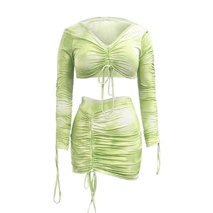 Simenual Tie Dye Print Drawstring Sexy Co-ord Sets Women Long Sleeve Ruched Sexy 2 Piece Outfits Club Bodycon Top And Skirt Set - A Woman Knows Best