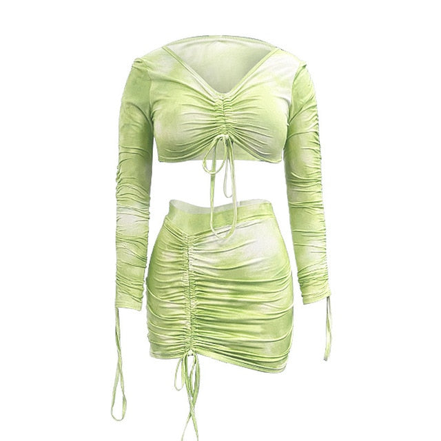 Simenual Tie Dye Print Drawstring Sexy Co-ord Sets Women Long Sleeve Ruched Sexy 2 Piece Outfits Club Bodycon Top And Skirt Set - A Woman Knows Best