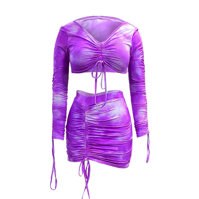 Simenual Tie Dye Print Drawstring Sexy Co-ord Sets Women Long Sleeve Ruched Sexy 2 Piece Outfits Club Bodycon Top And Skirt Set - A Woman Knows Best