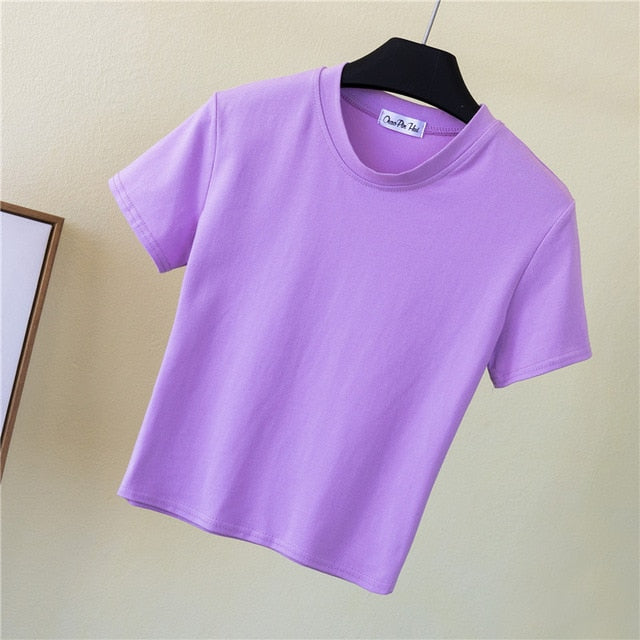 Crop Top T-Shirt Female Solid Cotton O-Neck Short Sleeve T-shirts for Women High Waist Slim Short Sport Blanc Femme T-Shirt - A Woman Knows Best