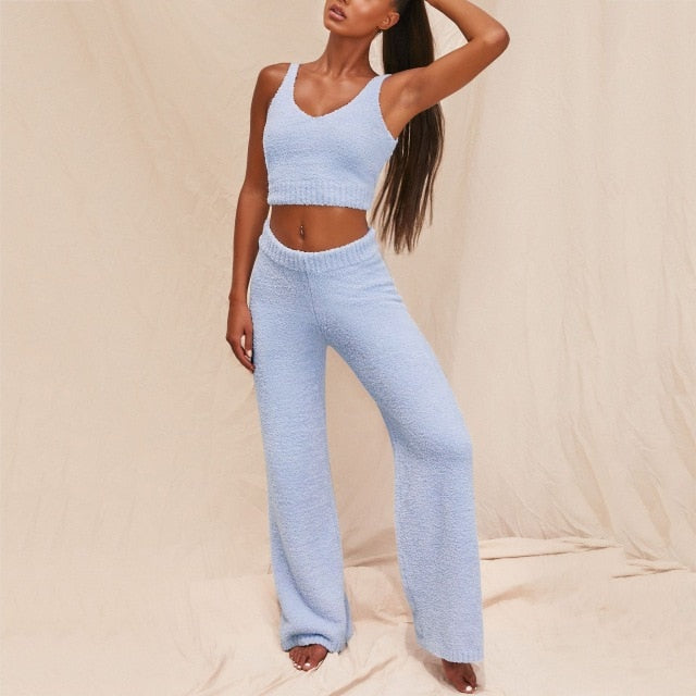 Cryptographic Fur Two Piece Outfits Sexy Backless Crop Tops Women Outfits Matching Set Top and High Waist Pants Party Clubwear - A Woman Knows Best