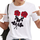 Women Summer Tops Casual Round Neck Short Sleeve White Shirts Streetwear New Fashion Rose Printed T-shirts - A Woman Knows Best