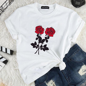 Women Summer Tops Casual Round Neck Short Sleeve White Shirts Streetwear New Fashion Rose Printed T-shirts - A Woman Knows Best