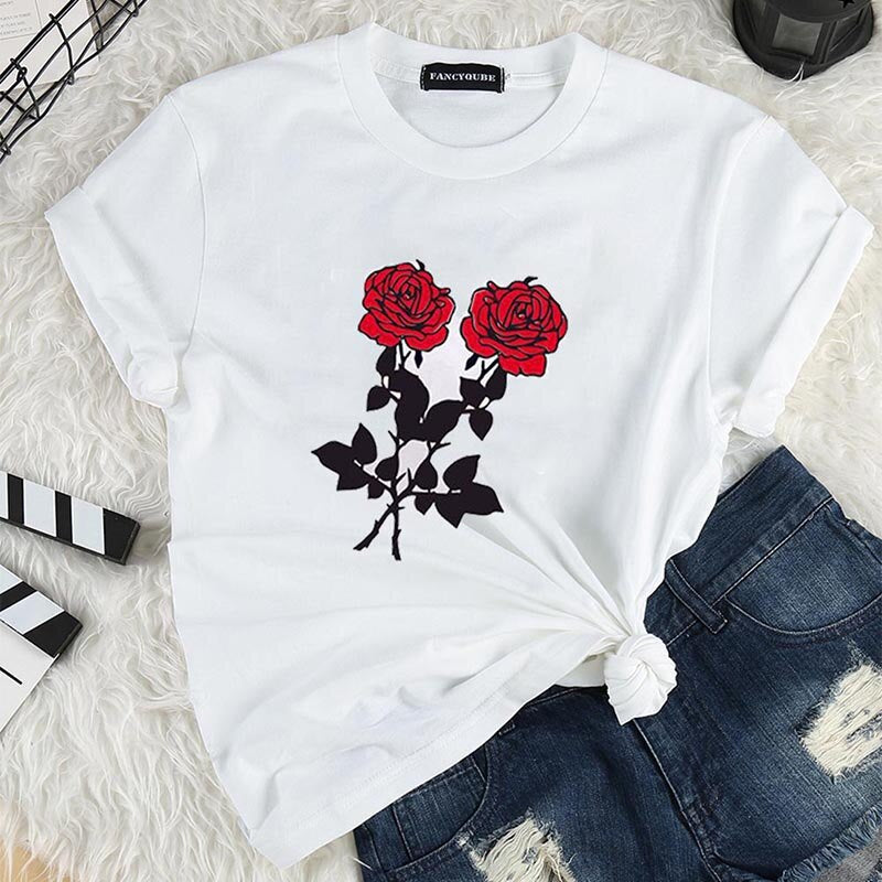 Women Summer Tops Casual Round Neck Short Sleeve White Shirts Streetwear New Fashion Rose Printed T-shirts - A Woman Knows Best