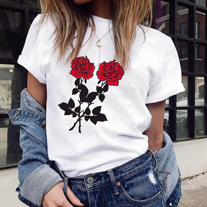 Women Summer Tops Casual Round Neck Short Sleeve White Shirts Streetwear New Fashion Rose Printed T-shirts - A Woman Knows Best