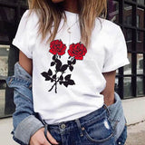 Women Summer Tops Casual Round Neck Short Sleeve White Shirts Streetwear New Fashion Rose Printed T-shirts - A Woman Knows Best