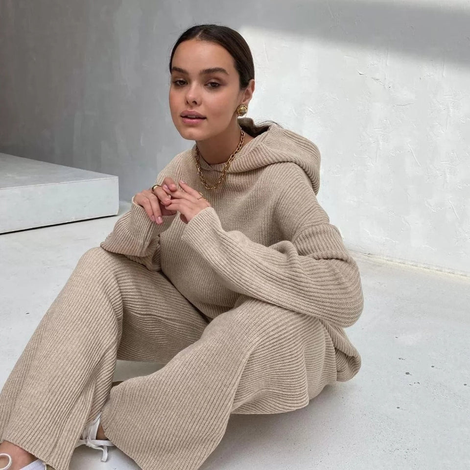 Autumn Knitted Sweat Suits Women Matching Sets Long Sleeve Hoodie+wide-legged Pants Loungewear Sweater Set Two Piece Outfits - A Woman Knows Best