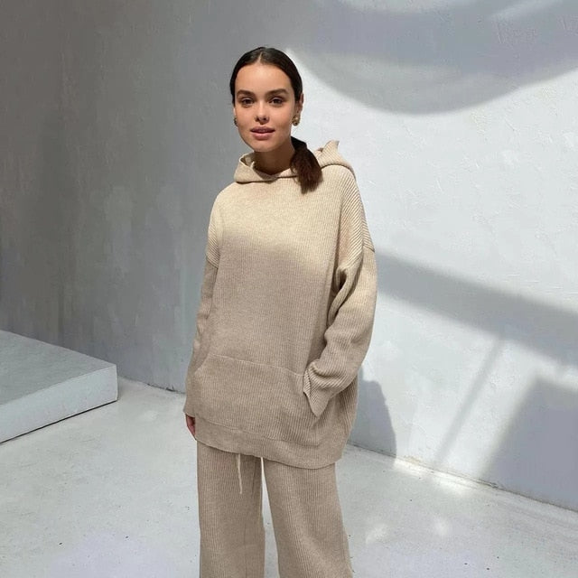 Autumn Knitted Sweat Suits Women Matching Sets Long Sleeve Hoodie+wide-legged Pants Loungewear Sweater Set Two Piece Outfits - A Woman Knows Best