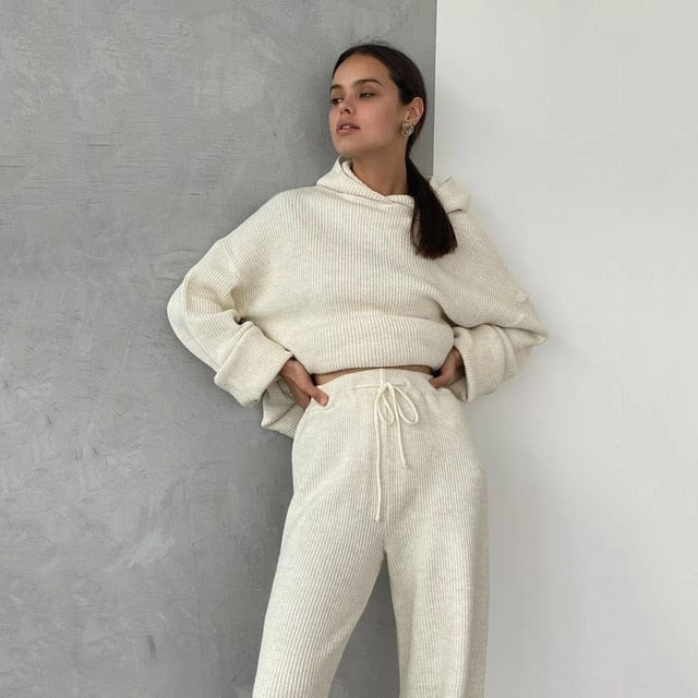 Autumn Knitted Sweat Suits Women Matching Sets Long Sleeve Hoodie+wide-legged Pants Loungewear Sweater Set Two Piece Outfits - A Woman Knows Best