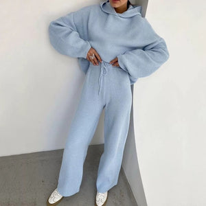 Autumn Knitted Sweat Suits Women Matching Sets Long Sleeve Hoodie+wide-legged Pants Loungewear Sweater Set Two Piece Outfits - A Woman Knows Best