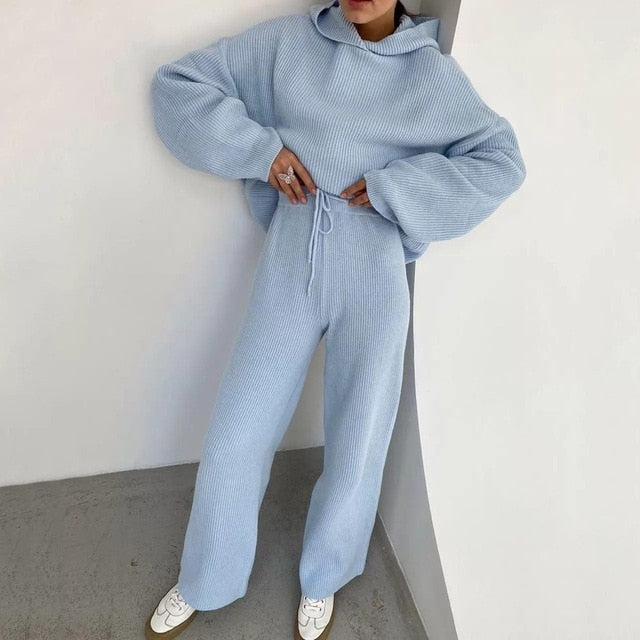 Autumn Knitted Sweat Suits Women Matching Sets Long Sleeve Hoodie+wide-legged Pants Loungewear Sweater Set Two Piece Outfits - A Woman Knows Best