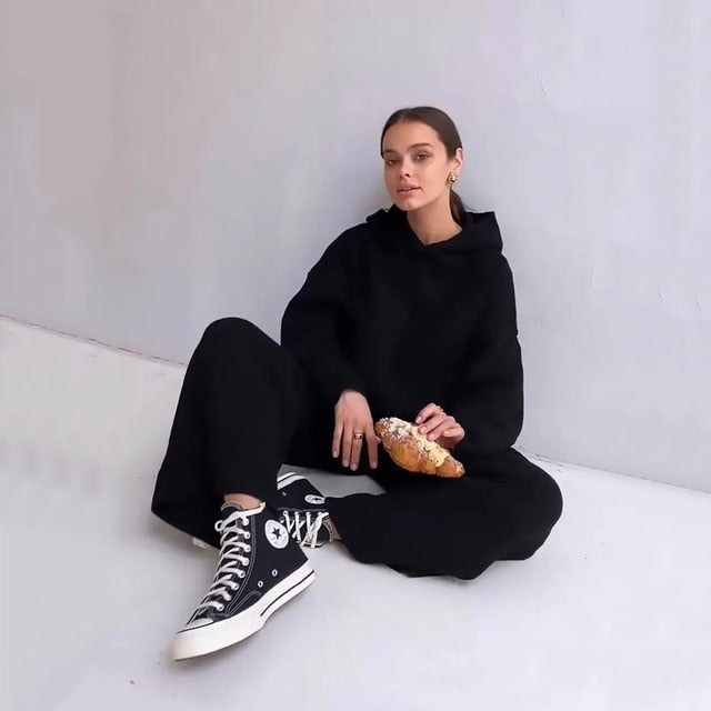 Autumn Knitted Sweat Suits Women Matching Sets Long Sleeve Hoodie+wide-legged Pants Loungewear Sweater Set Two Piece Outfits - A Woman Knows Best