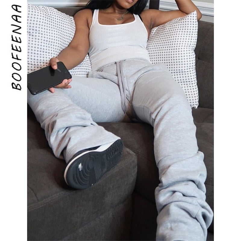 BOOFEENAA Street Style Gray Sweatpants for Women Drawstring Casual Extra Long Stacked Pants Winter Thick Warm Trousers C85-CD57 - A Woman Knows Best