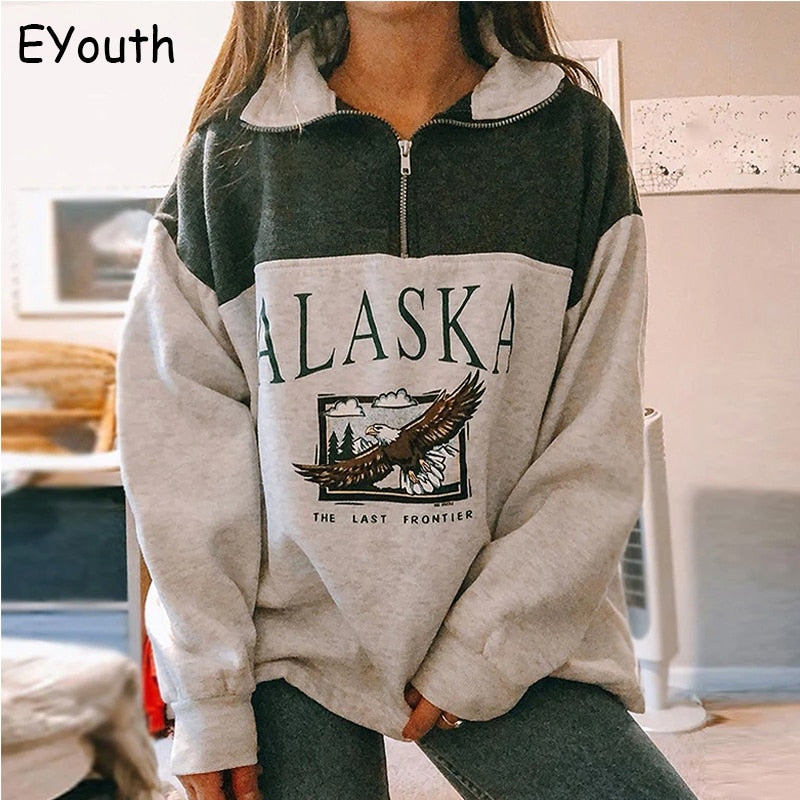 Fashion women's cotton Stand collar half zipper letter printing long sleeve sweatshirts Vintage Grey casual loose sweatshirt - A Woman Knows Best
