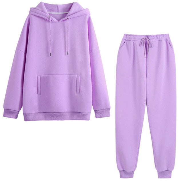Hoodie 2 Pieces Set Women Autumn Solid Oversized Sweatshirt Set Casual Long Sleeve Fleece Tops Long Pants Tracksuit Suit Outfits - A Woman Knows Best