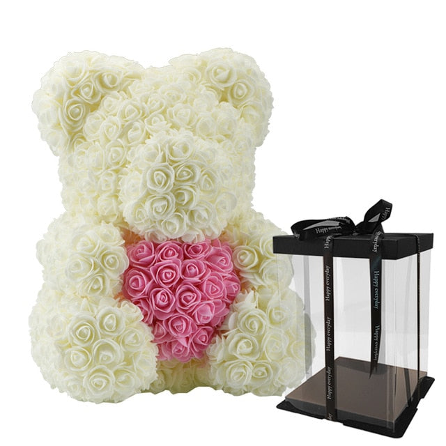 40cm Bear Of Roses with Box Artificial Flowers Teddy Rose Bears Wedding New Year Christmas Valentine Gift Dropshipping - A Woman Knows Best