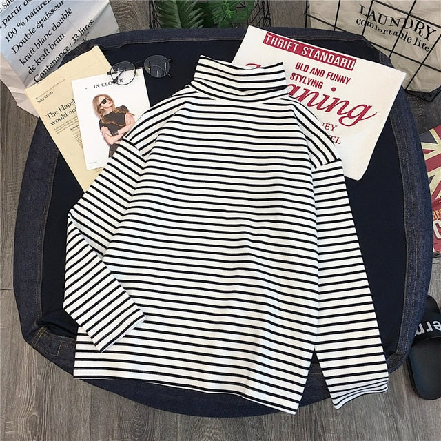 T-shirts Women Long Sleeve Loose Striped Solid Turtleneck Womens T-shirt All-match Simple Leisure Korean Style Trendy Chic Soft - A Woman Knows Best