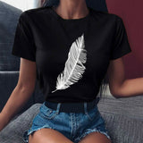 2021 Women casual Harajuku fashion t-shirt feather print loose o-neck short sleeve elastic stretched summer home new Tee Shirt - A Woman Knows Best