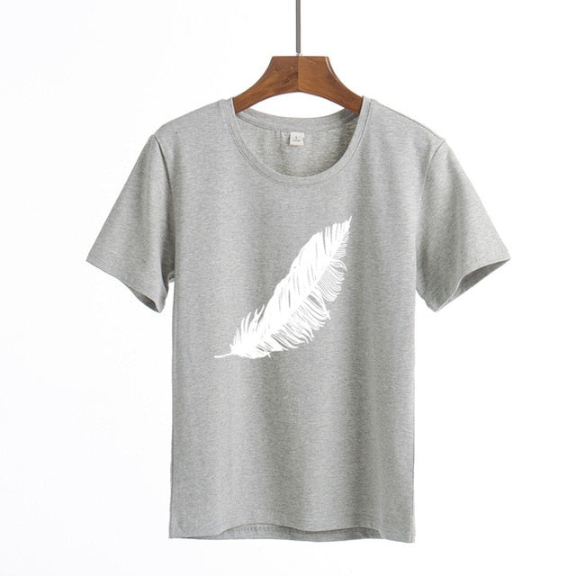 2021 Women casual Harajuku fashion t-shirt feather print loose o-neck short sleeve elastic stretched summer home new Tee Shirt - A Woman Knows Best