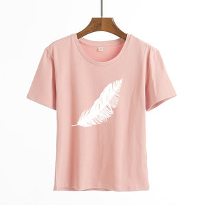 2021 Women casual Harajuku fashion t-shirt feather print loose o-neck short sleeve elastic stretched summer home new Tee Shirt - A Woman Knows Best