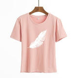 2021 Women casual Harajuku fashion t-shirt feather print loose o-neck short sleeve elastic stretched summer home new Tee Shirt - A Woman Knows Best