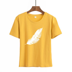 2021 Women casual Harajuku fashion t-shirt feather print loose o-neck short sleeve elastic stretched summer home new Tee Shirt - A Woman Knows Best